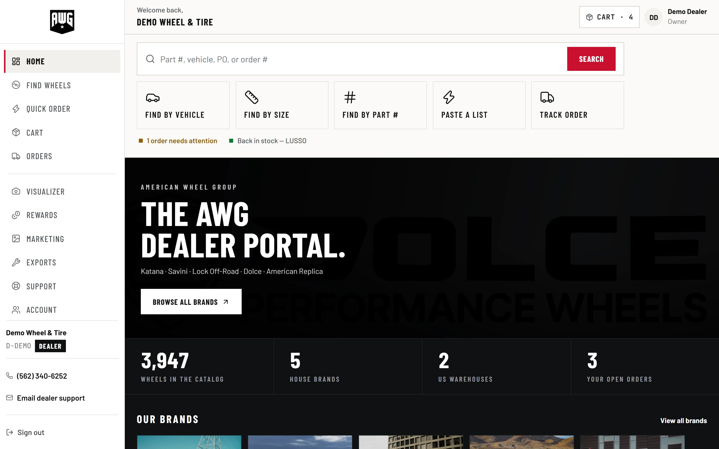 The AWG dealer portal home screen with search by vehicle, size and part number